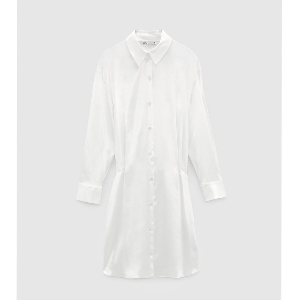 Zara Elegant White Shirt Dress Sleeve Satin Size L NEW